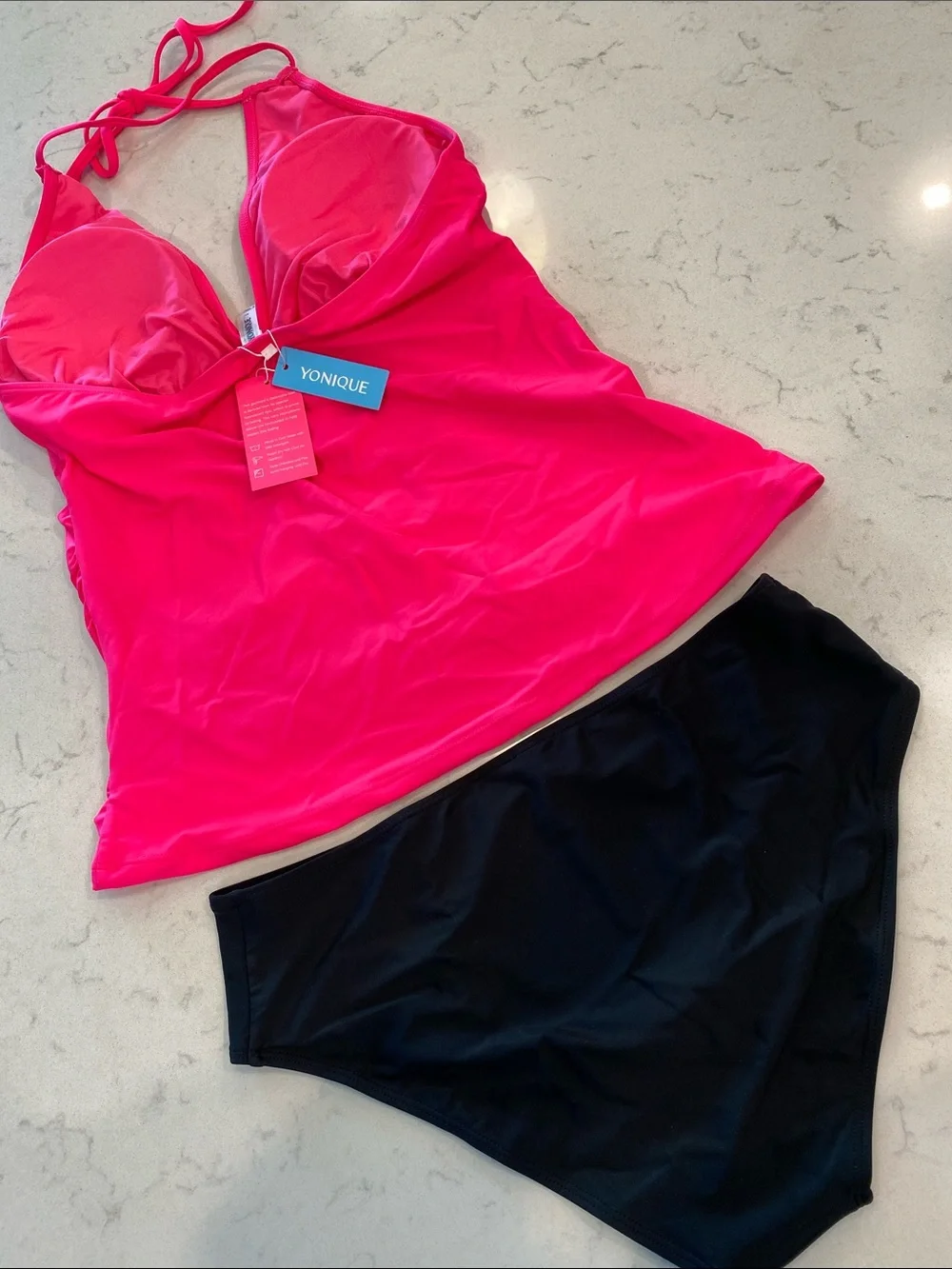 Yonique Women’s Pink Halter Tankini with Black Bikini Bottoms
